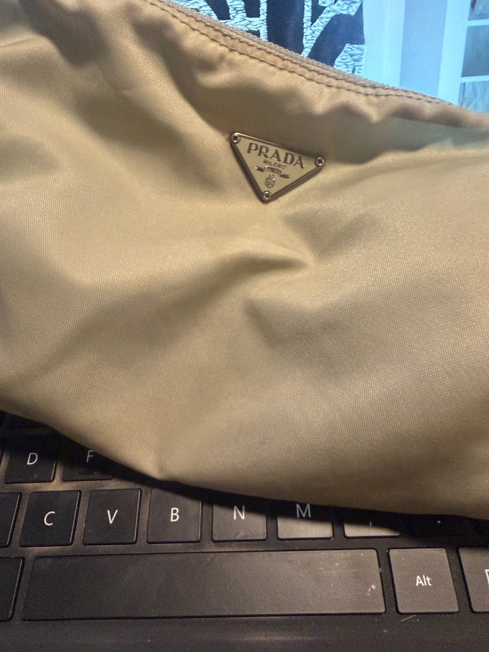 Prada Cream Nylon Zip Pouch with Triangle Logo Authentic 💯💯💯